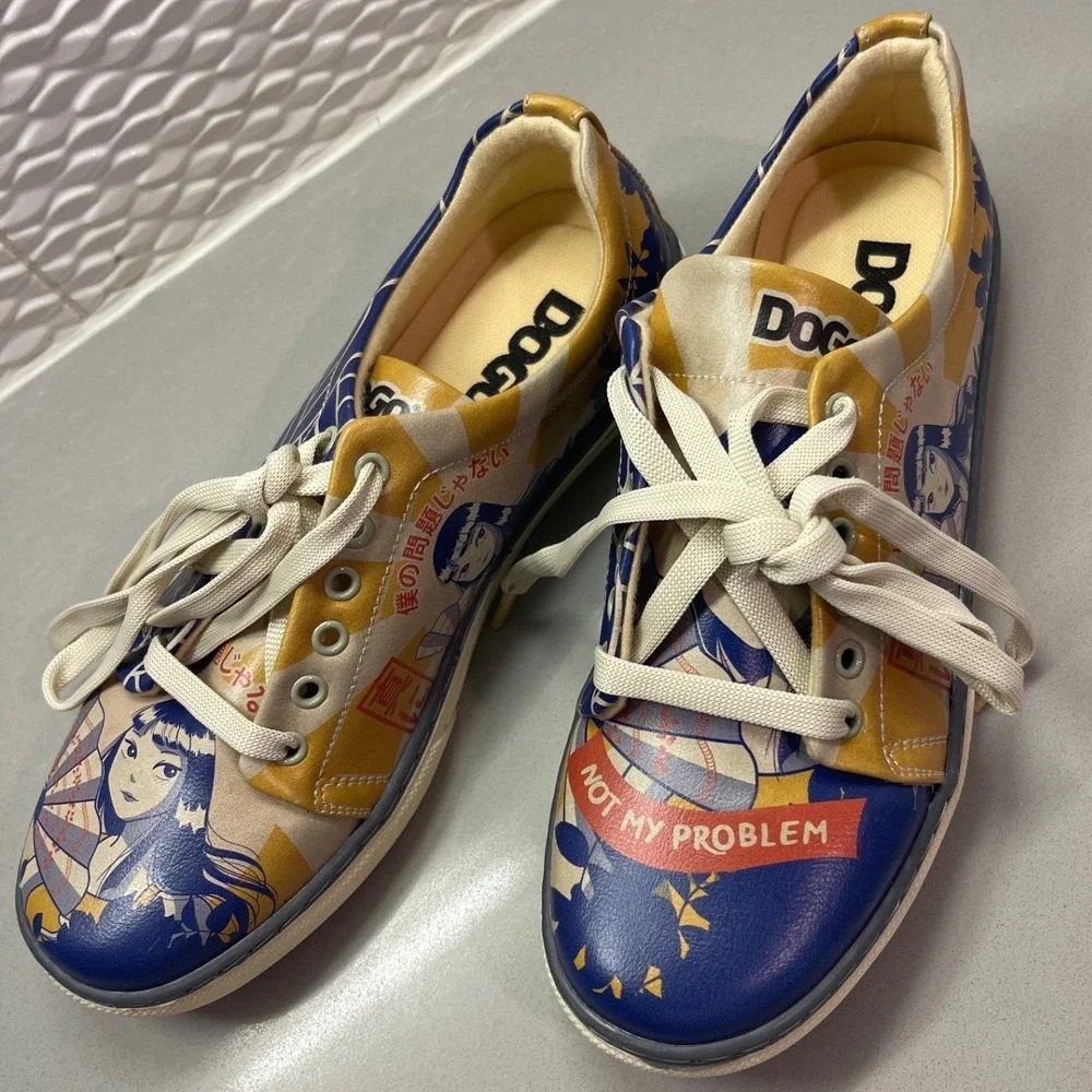 DOGO Not My Problem Anime Graphic Sneakers Blue Yellow Vegan Leather 6.5 - 7 NWT
